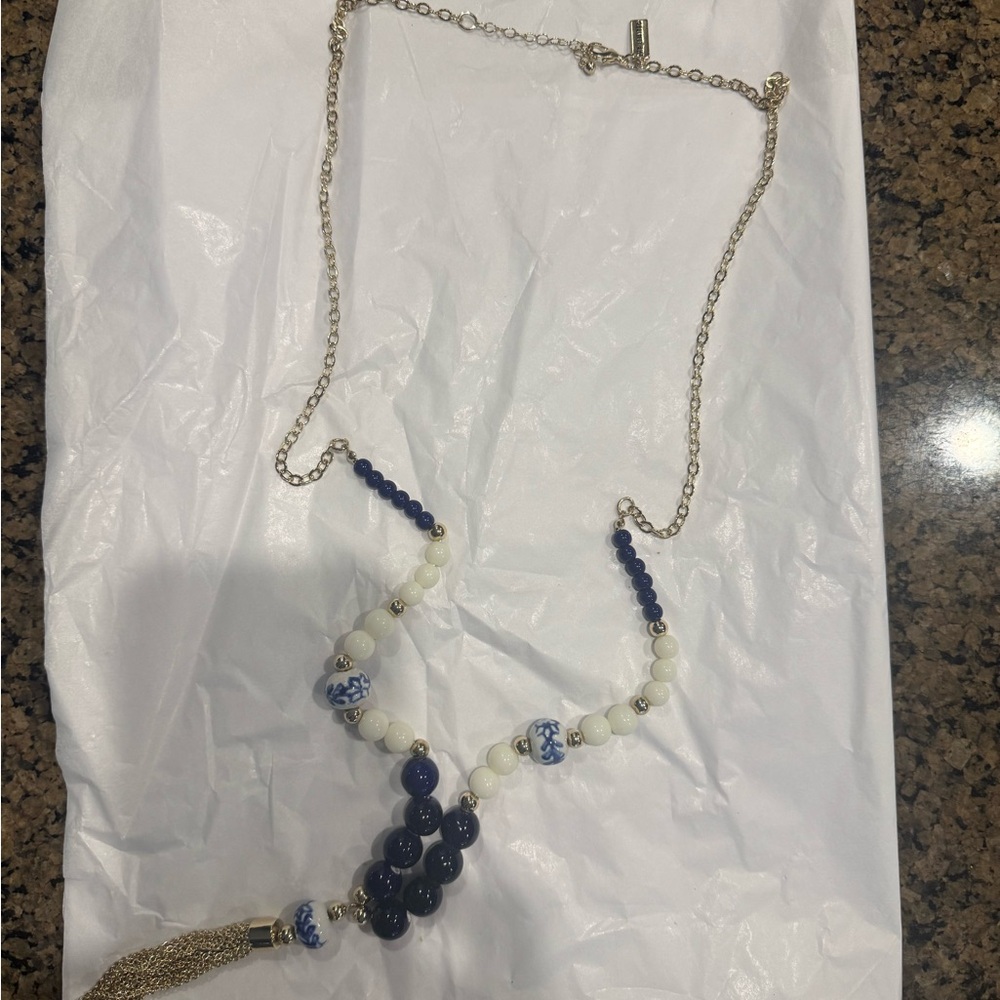 Elegant Blue and White Beaded Necklace